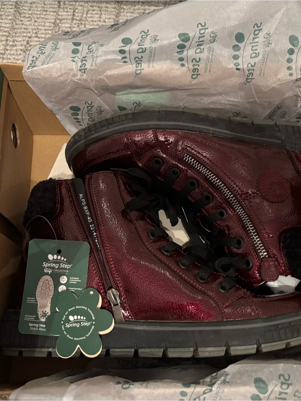 Spring Step Burgundy Patent Lace-Up Winter Boots with Faux-Fur Cuff